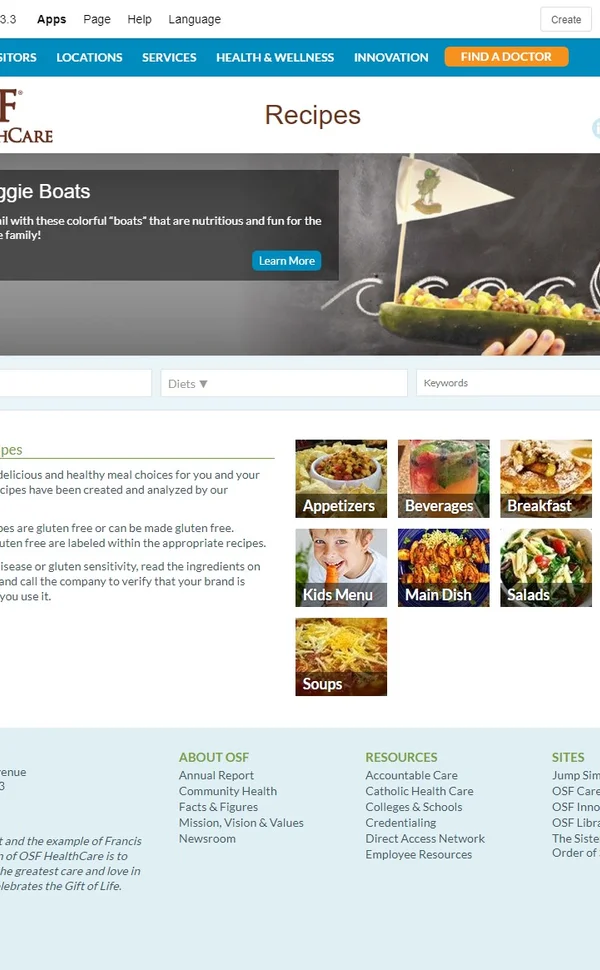 OSF Healthcare recipe homepage featuring Veggie Boats and categorized healthy meal options, including breakfast, kids menu, sides, and desserts