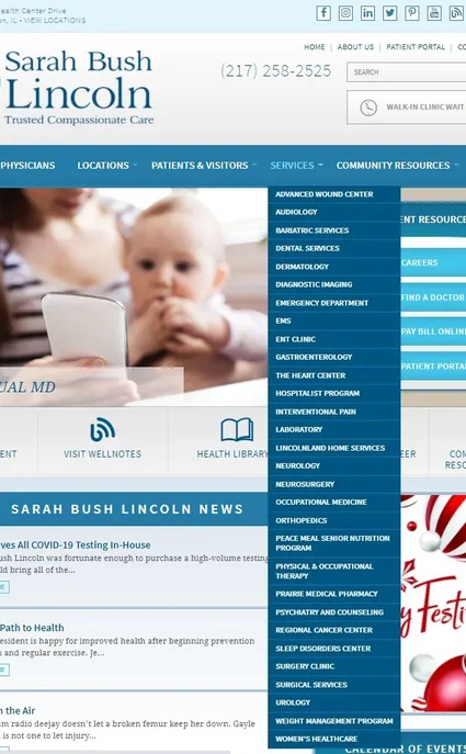 Previous services menu for Sarah Bush Lincoln Regional Hospital showing an alphabetical list of select specialties and service lines, not organized by medical conditions