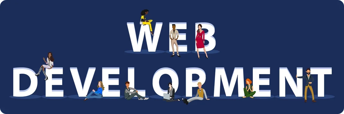 An illustration of a diverse team collaborating on large letters spelling out "WEB DEVELOPMENT," representing the comprehensive services of a full-stack web developer team.