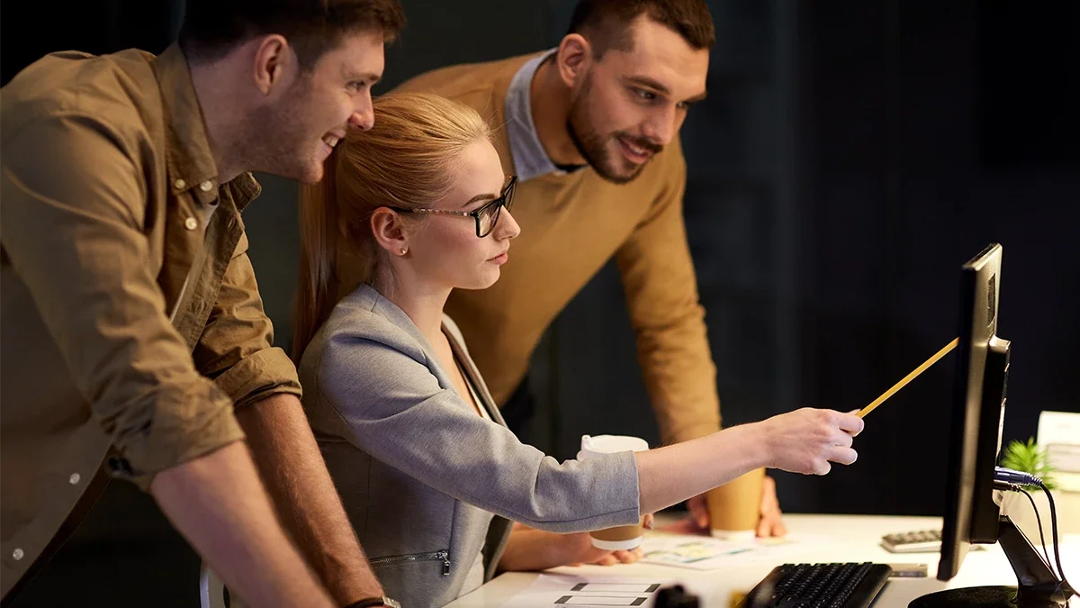 Team collaborating on small business web design in Chicago.