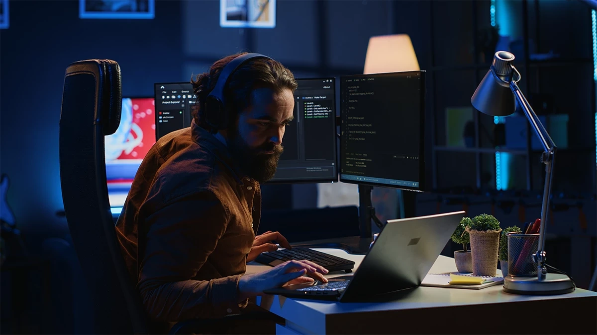 Developer coding on multiple monitors in a modern workspace, working on Django web development, and server configuration