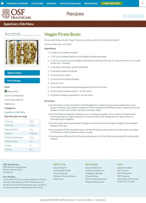 OSF Healthcare Veggie Pirate Boats recipe page featuring a healthy kids’ appetizer with ingredients, nutrition facts, and preparation instructions