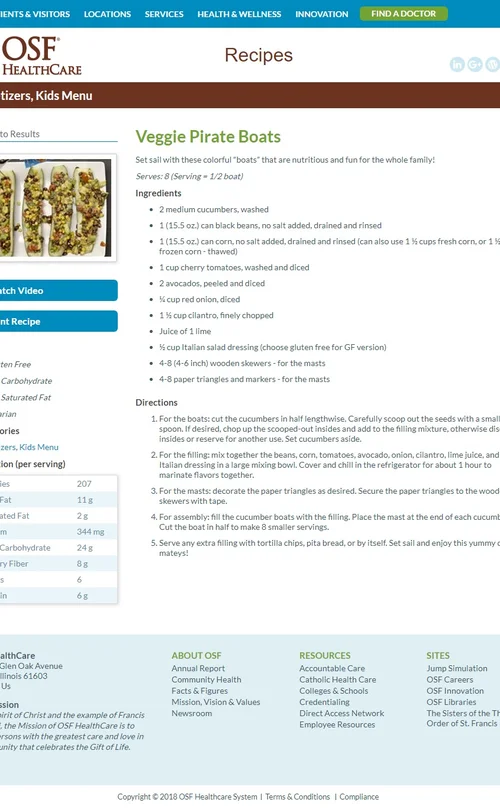 OSF Healthcare Veggie Pirate Boats recipe page featuring a healthy kids’ appetizer with ingredients, nutrition facts, and preparation instructions