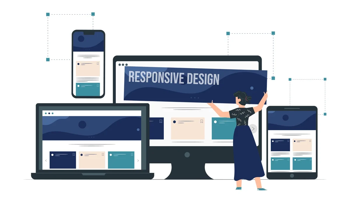 Illustration of a responsive website design shown on multiple devices including a smartphone, tablet, laptop, and desktop, with a designer adjusting layouts to ensure cross-device compatibility