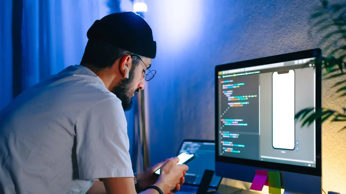 A focused web developer working on mobile app code on a computer screen, representing expertise in the best website development company in Chicago.