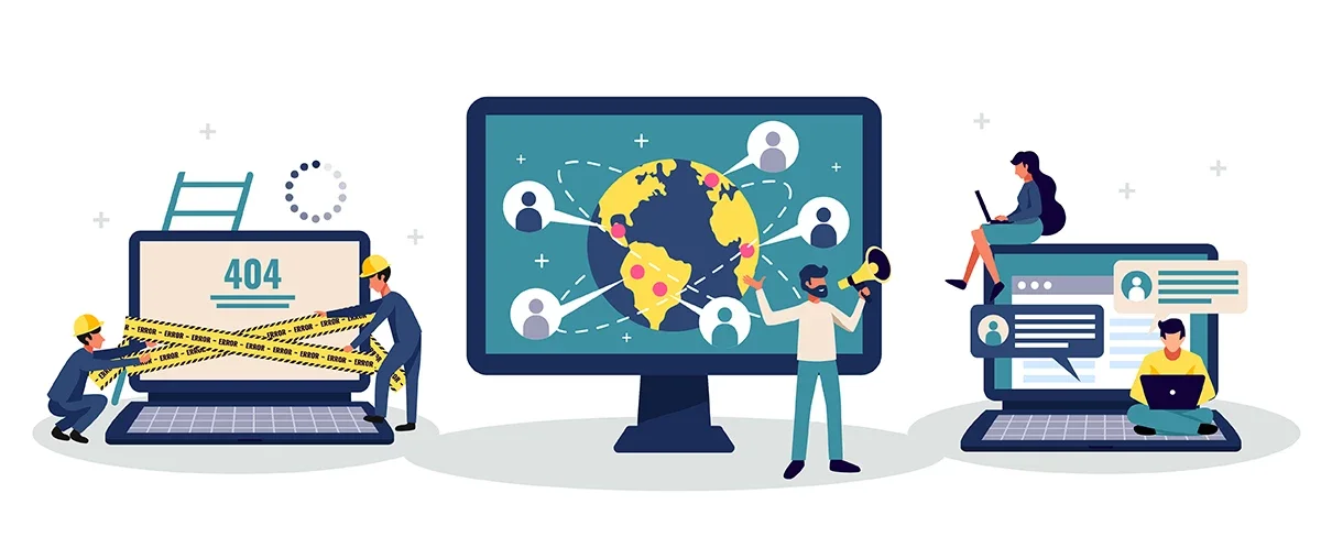 Digital illustration of local web developers fixing 404 errors, managing global user networks, and providing real-time website support, highlighting essential post-launch maintenance tasks