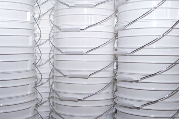 Buckets stacked in rows